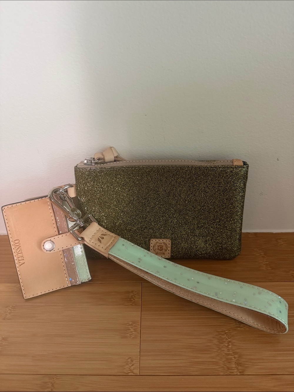 Consuela Olive Green Glitter Wristlet with Mint Strap
